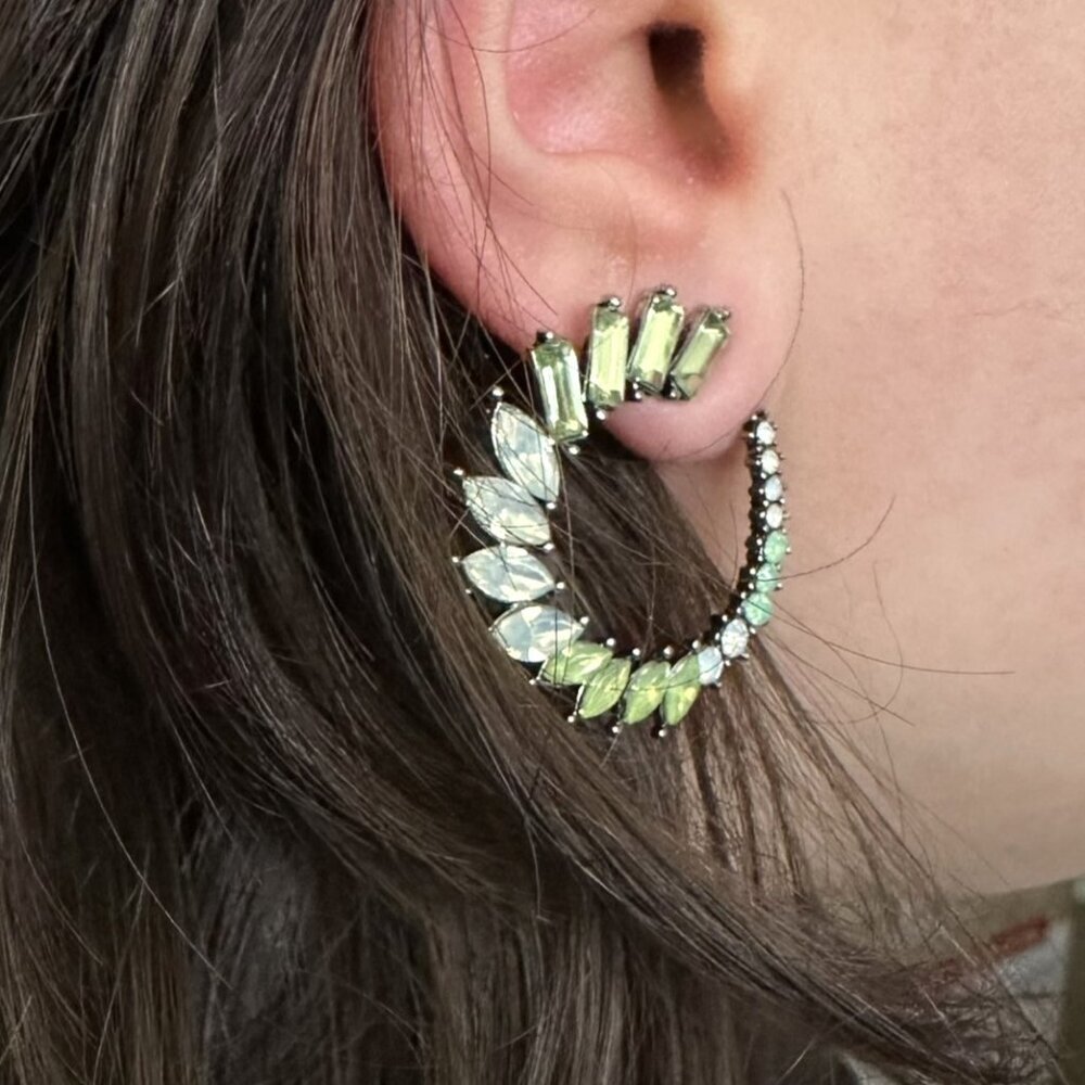 NEW Green Pastel Crystal Stones Semi-Circle Statement Earrings - Picture 2 of 3